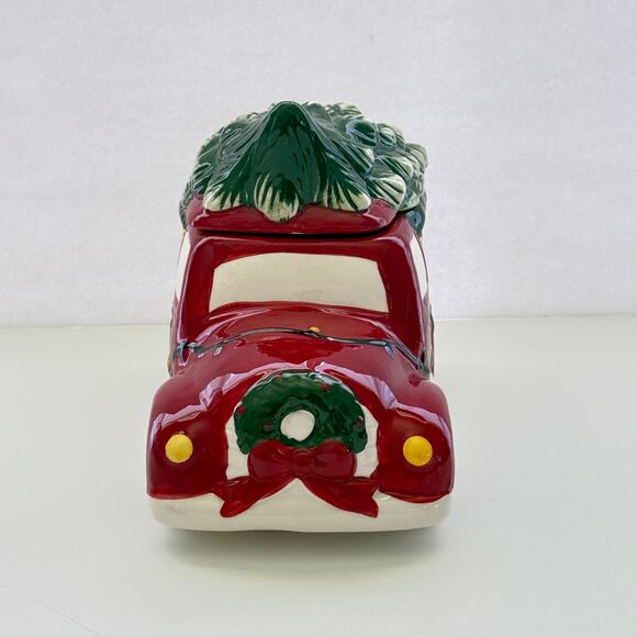 Christmas Red Pickup Truck With Christmas Tree In Back Cookie Jar New 10x8x6 - Picture 3 of 10
